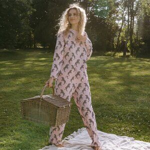 Chelsea Peers Organic Cotton Jumping Zebra Print Long Pajama Set Pink Medium New